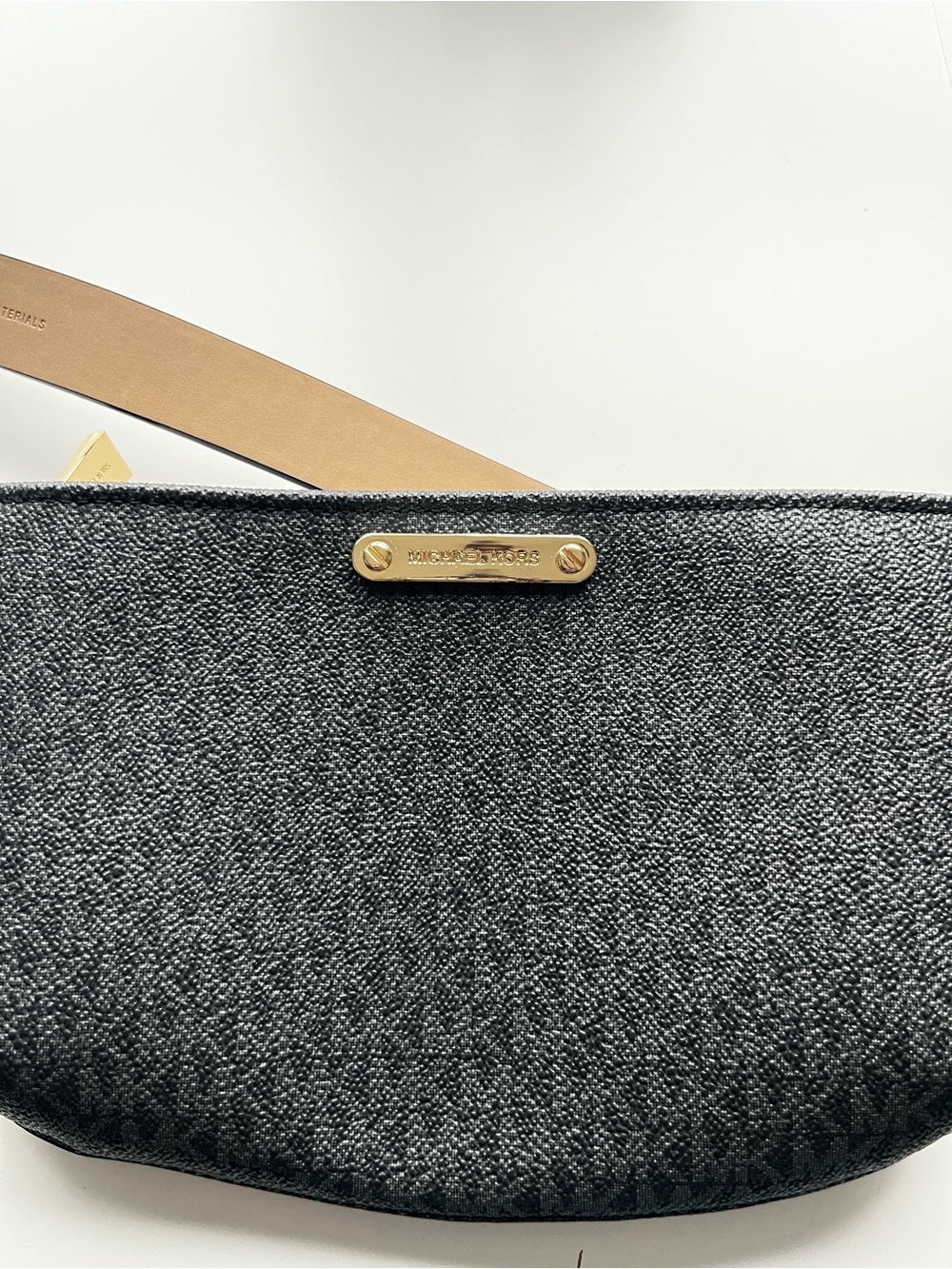 Michael Kors Black Canvas Crossbody with Tan Leather Strap and Gold Hardware